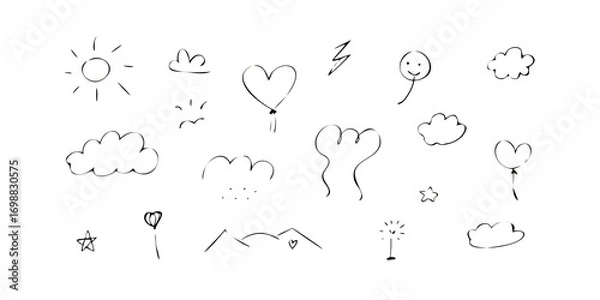 Fototapeta Collection of hand drawn outline floral elements isolated on transparent background