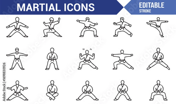 Fototapeta Vector set of martial arts icons with athletes, performance, and practice moves