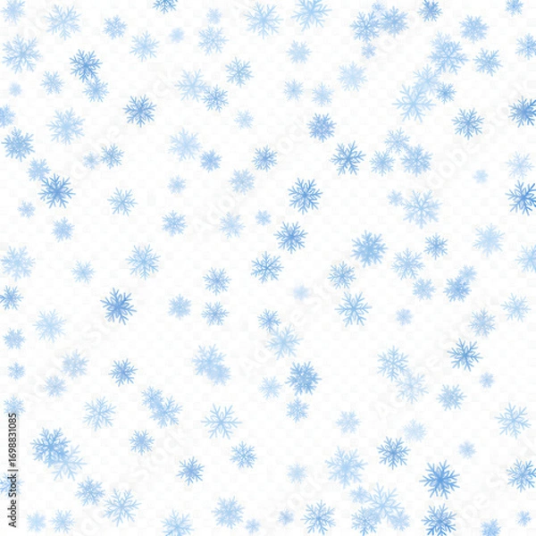Fototapeta Scattered blue snowflakes falling isolated on transparent background