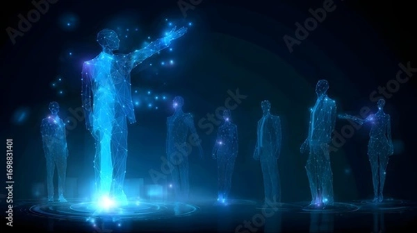Fototapeta A digital representation of a speaker addressing an audience, with glowing geometric figures symbolizing connection and engagement