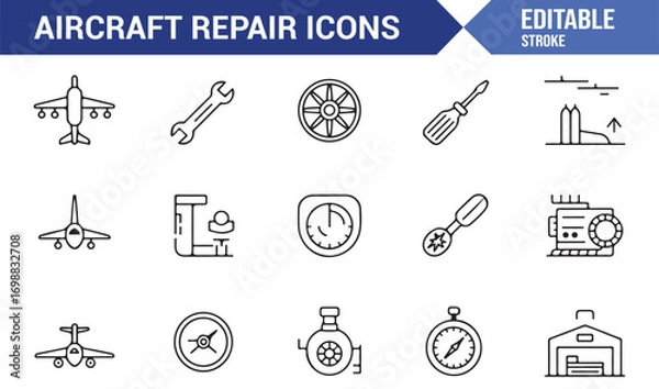 Fototapeta Aviation workshop icon set with aircraft, radar, propeller, and technical tools
