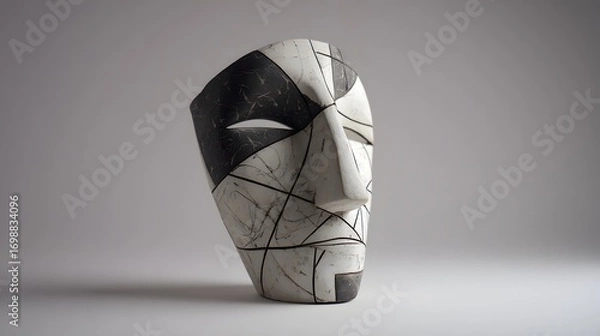 Fototapeta A modern artistic mask sculpture with geometric patterns in black and white