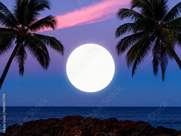 Fototapeta Giant moon rising over the ocean with palm trees framing the sky at sunset