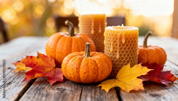 Fototapeta Autumn decorations with pumpkins, honeycomb candles, and colorful leaves displayed on a rustic wooden table