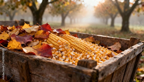 Fototapeta Autumn harvest of corn with fallen leaves in a tranquil orchard at sunrise