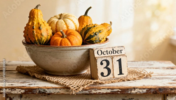 Fototapeta Colorful gourds and pumpkins arranged in a bowl with an October 31 calendar on a rustic wooden table