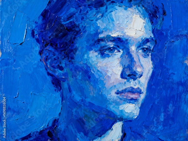 Fototapeta Expressive blue portrait of a young man showcasing vibrant brush strokes and emotional depth in an art gallery setting
