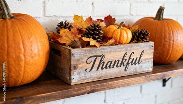 Fototapeta Decorative autumn display featuring pumpkins, pine cones, and colorful leaves with a thankful message in a rustic setting