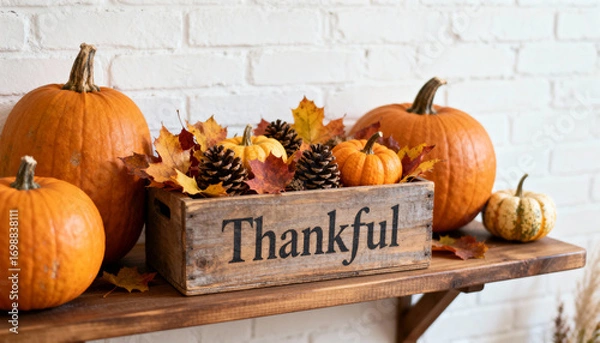 Fototapeta Vibrant autumn decorations featuring pumpkins and colorful leaves on a wooden shelf in a cozy indoor setting