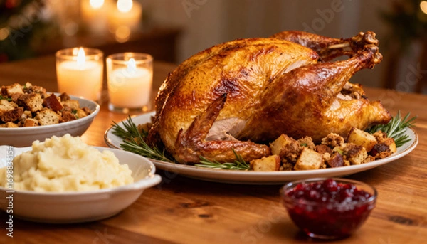 Fototapeta Roasted turkey served with stuffing, mashed potatoes, and cranberry sauce on a festive table