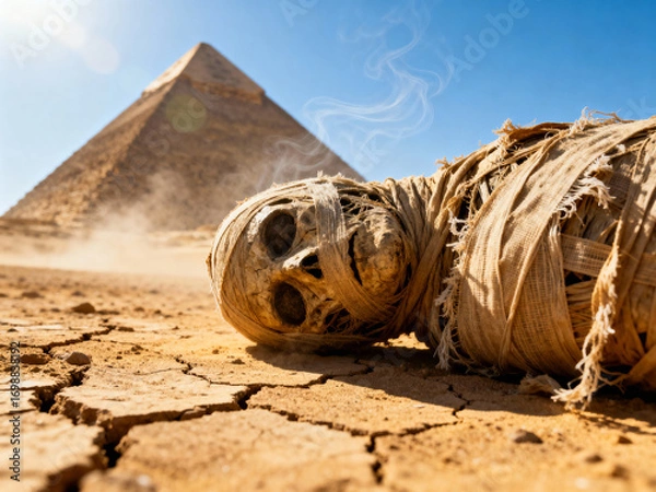 Fototapeta Mummy resting on cracked desert ground with pyramids in the background during a bright sunny day