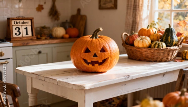 Fototapeta Festive kitchen decorated for Halloween with carved pumpkin and autumn gourds on display