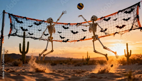 Fototapeta Skeletons play volleyball at sunset in a desert decorated for Halloween
