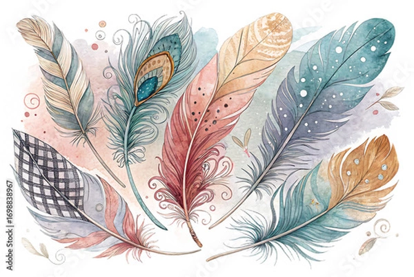 Fototapeta Watercolor painting of assorted colorful feathers isolated on transparent background, displaying a variety of patterns and textures in a vibrant composition
