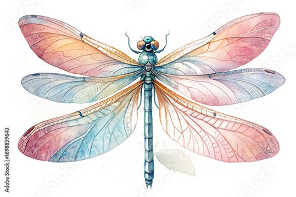 Fototapeta Watercolor dragonfly isolated on transparent background, showcasing delicate wings with pastel hues of pink, blue, and orange, creating a whimsical and ethereal insect illustration