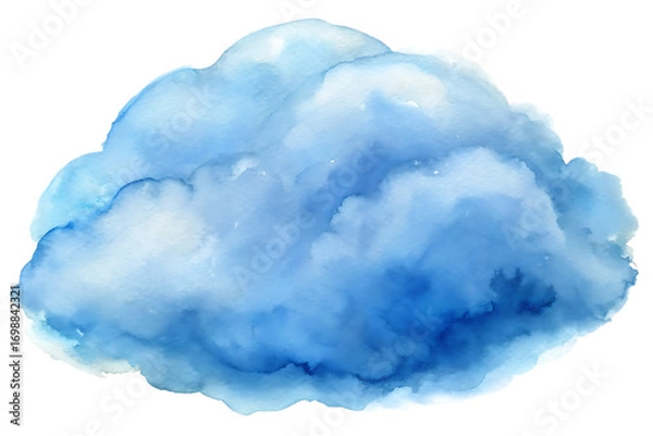 Fototapeta Watercolor illustration of a fluffy blue cloud isolated on transparent background, showcasing its soft texture and ethereal beauty in a serene composition