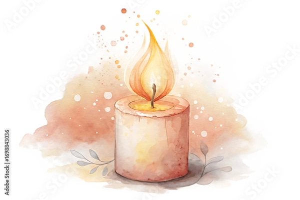 Fototapeta Watercolor illustration of a lit candle isolated on transparent background, showcasing a warm and inviting glow with delicate details and soft, diffused light effects