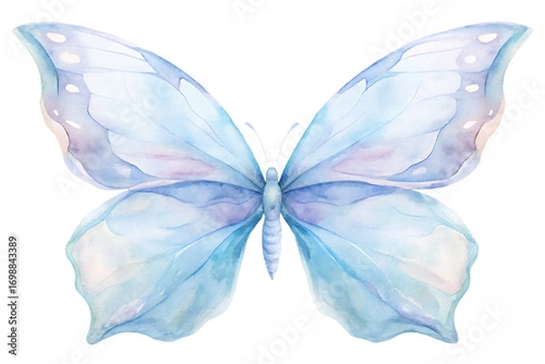Fototapeta Watercolor illustration of a delicate blue butterfly isolated on transparent background, displaying ethereal wings with intricate patterns and a soft, dreamy aesthetic