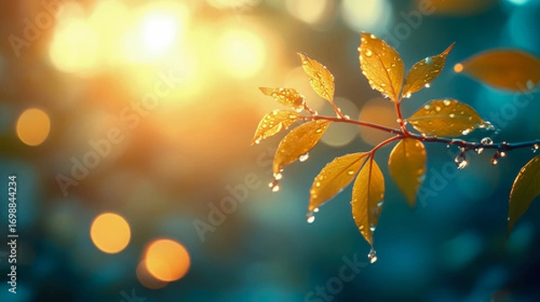 Fototapeta Sun-kissed golden leaves adorned with glistening morning dew against radiant bokeh background of warm orange and cool teal hues, evoking natural tranquility and freshness