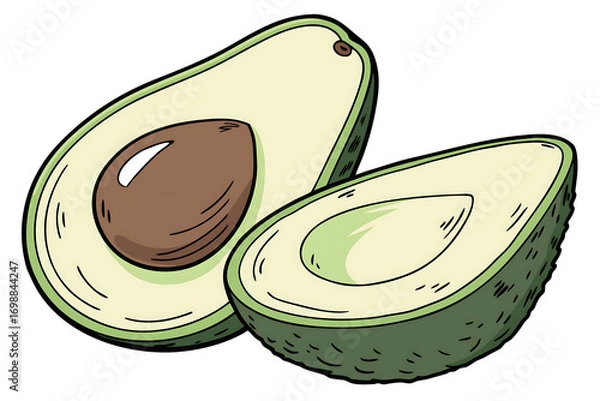 Fototapeta Illustration of two avocado halves, one with a seed, isolated on transparent background, showcasing the fruits creamy texture and vibrant green color scheme