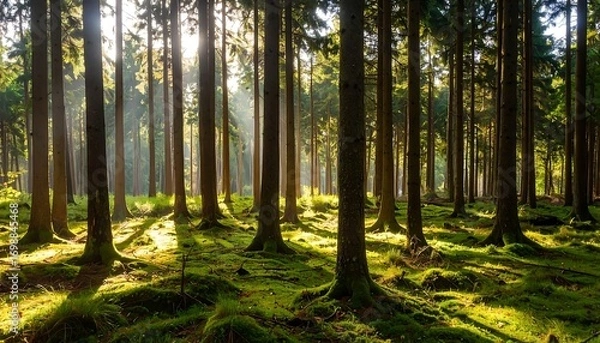 Fototapeta Sunlight streams through a dense forest