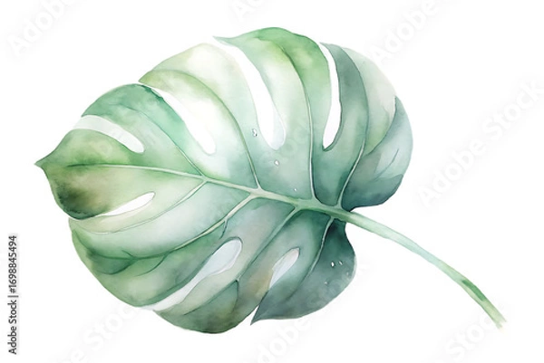 Fototapeta Watercolor painting of a monstera leaf isolated on transparent background, rendered in soft, muted tones, evoking a sense of tranquility and natural beauty