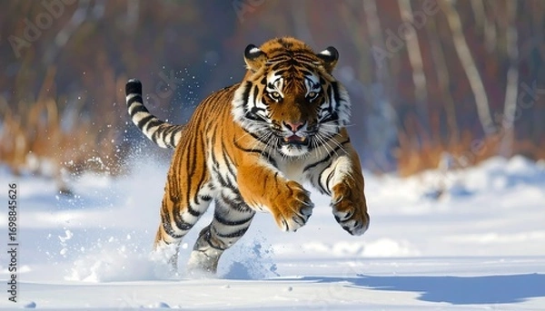 Obraz A majestic tiger leaps across a pristine expanse of snow, showcasing its powerful form and dynamic movement in a winter wonderland.