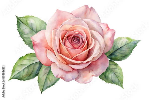 Fototapeta Watercolor painting of a delicate peach rose with lush green leaves, isolated on transparent background, showcasing its intricate petal structure and soft color palette