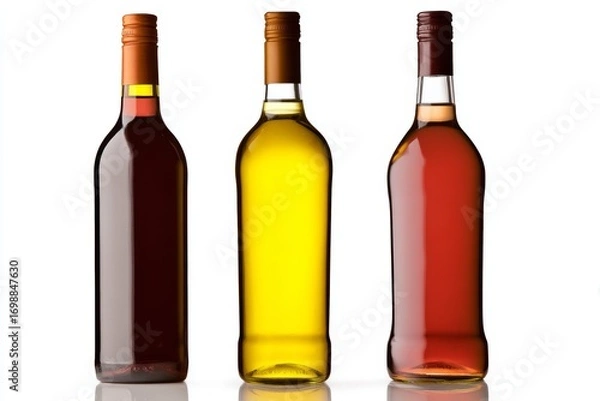 Fototapeta Three elegant wine bottles with red white and