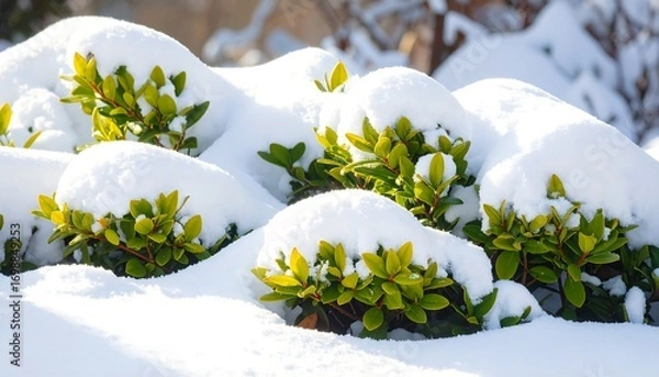 Obraz Lush green bushes are completely covered in a fresh layer of white snow.