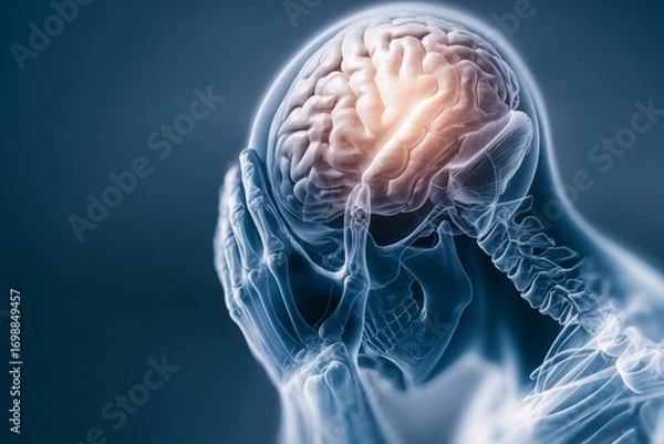 Fototapeta X-ray view of human headache illustrating brain and skull with pain highlighted