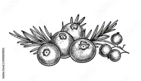 Obraz Hand-drawn illustration of juniper berries and leaves, detailed in a vintage style.