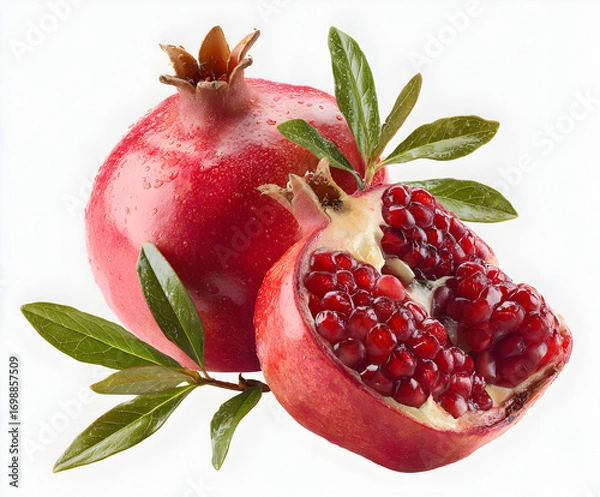 Fototapeta Fresh ripe pomegranate fruit with arils and green leaves isolated on white background