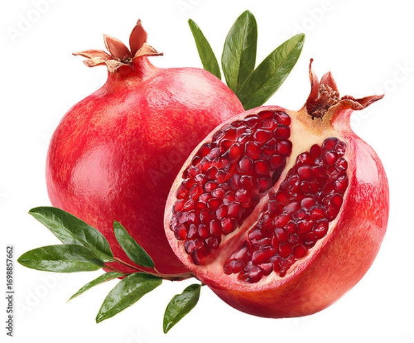 Fototapeta Vibrant fresh whole and halved pomegranate with green leaves isolated on a white background