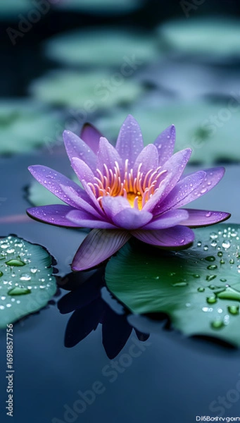 Fototapeta Close up of a vibrant purple water lily with water droplets on its petals floating serenely on dark water surrounded by lily pads