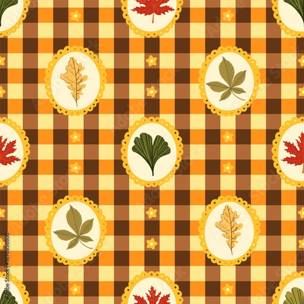 Fototapeta Preppy autumn leaves in lace frame seamless pattern on square background textile, clothes, wallpaper