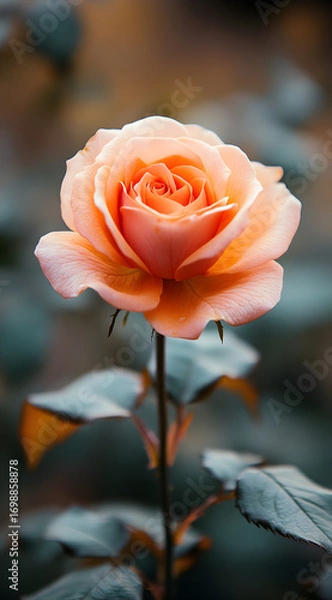 Fototapeta A delicate peach colored rose in full bloom with soft petals and dark green leaves in a garden setting