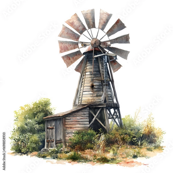 Fototapeta Rustic vintage wooden windmill and weathered shed surrounded by lush green foliage and autumn foliage on a bright day
