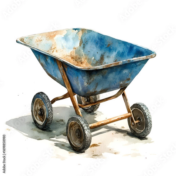 Fototapeta A weathered blue two wheeled garden cart with rusty metal frame and worn tires on a white background
