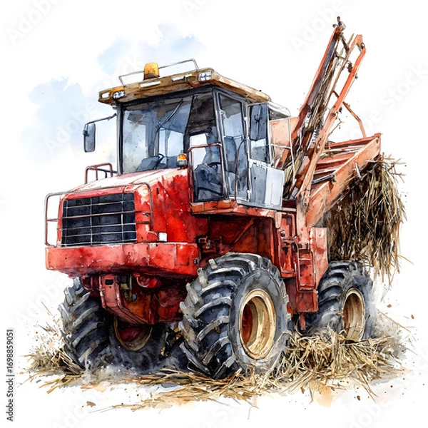 Fototapeta Red agricultural combine harvester with large tires harvesting sugarcane in a field with straw debris