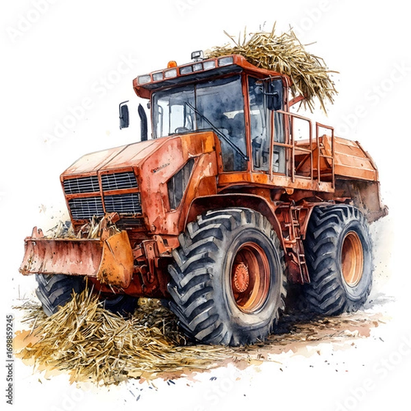 Fototapeta Orange agricultural tractor harvesting and transporting dry straw or hay in a field with a white background