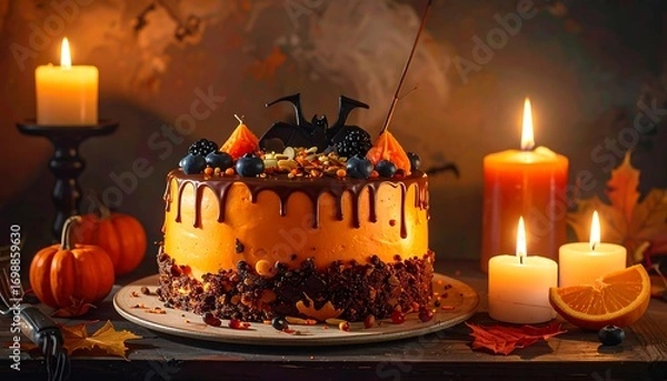 Obraz An ornate Halloween-themed cake, decorated with chocolate and orange icing, topped with decorative elements, sits on a plate amongst autumnal candles.
