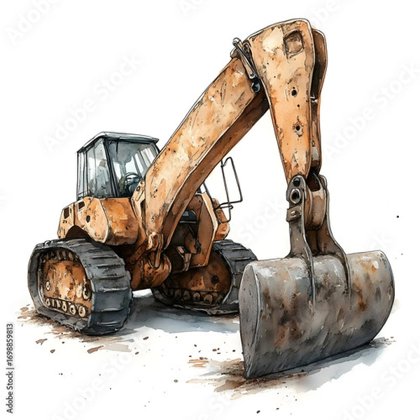 Fototapeta Detailed watercolor painting of a weathered and rusty excavator with a large bucket on a white background