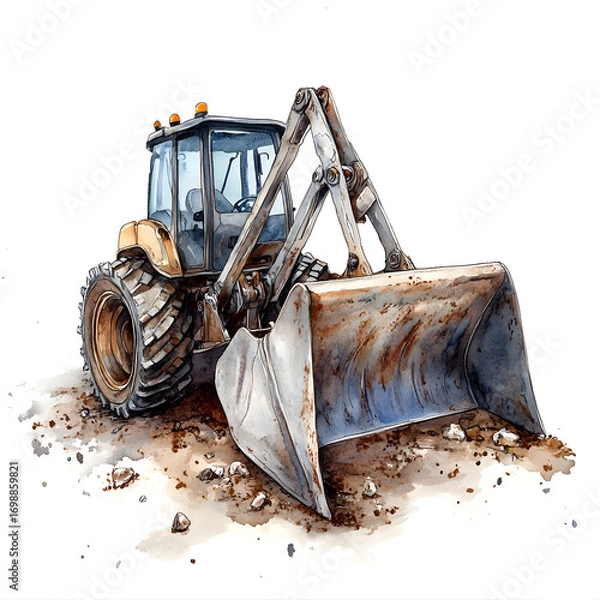 Fototapeta Detailed watercolor painting of a blue backhoe loader with a full bucket of dirt on a white background