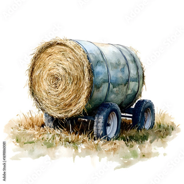 Fototapeta A large round bale of hay rests on a weathered trailer in a dry grassy field under a bright sky