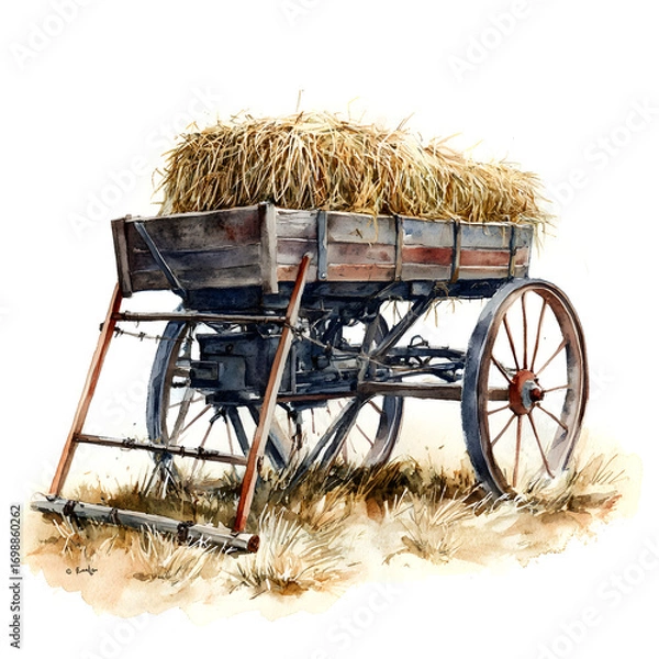 Fototapeta Rustic wooden farm wagon loaded with golden hay bales on a dry grassy field with a white background