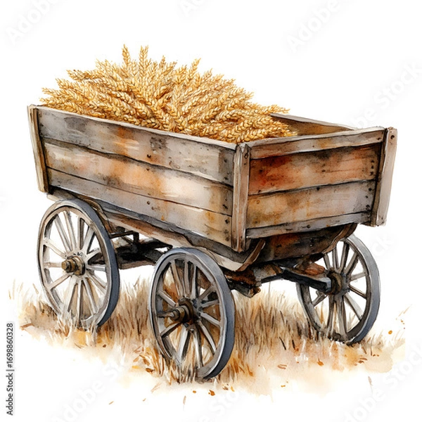 Fototapeta Rustic wooden farm wagon overflowing with golden wheat grains on a dry grassy field