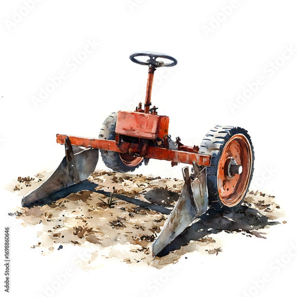 Fototapeta Vintage orange tractor with plow attachment digging into dry soil and dirt with textured ground and white background