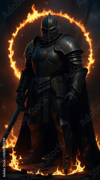 Fototapeta a mystical black knight stands in a circle of fire. generative ai