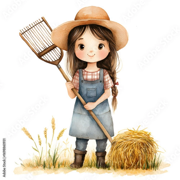 Fototapeta Adorable watercolor illustration of a young girl in overalls and a straw hat holding a net standing next to a hay bale